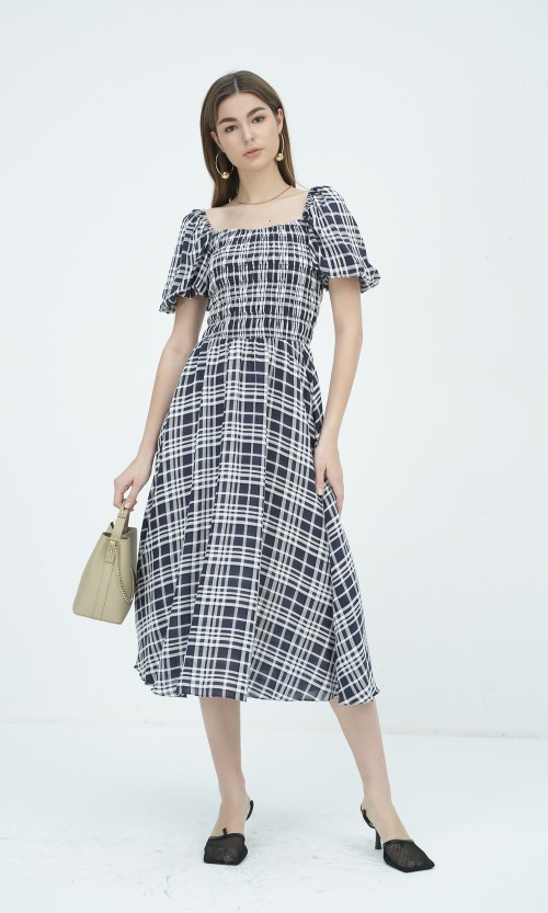 SIXDO G-Navy Short Sleeves Woven Flared Dress for Women